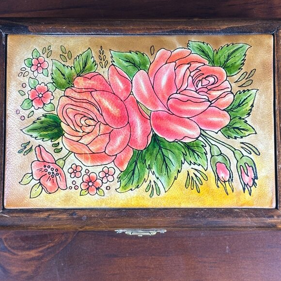 Vintage Wood Jewelry Box Floral Faux Leather Top Trinket Box with Rose Design - Picture 12 of 16